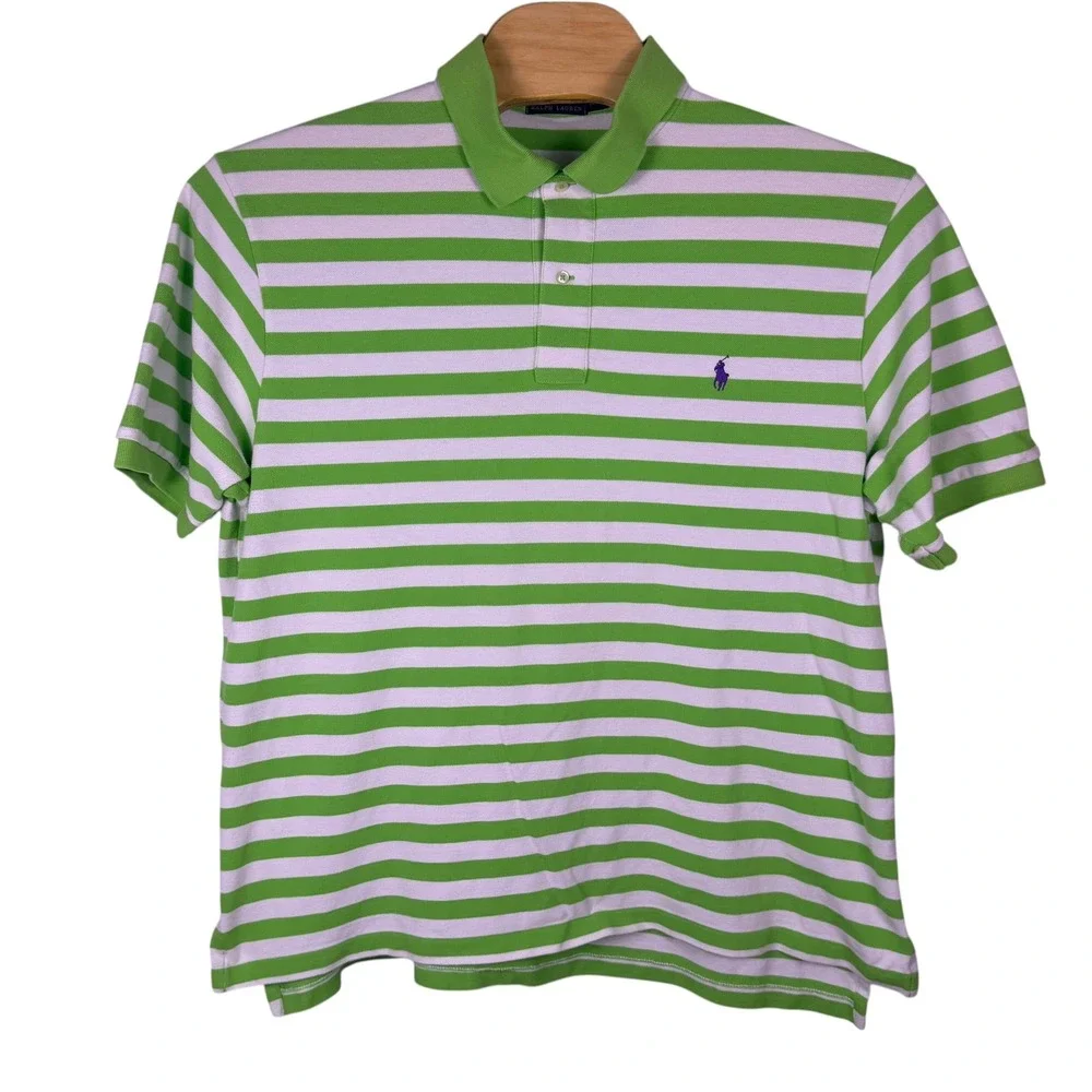 Polo Ralph Lauren Polo Shirt Mens 2XB Green White Striped Purple Pony Big & Tall
